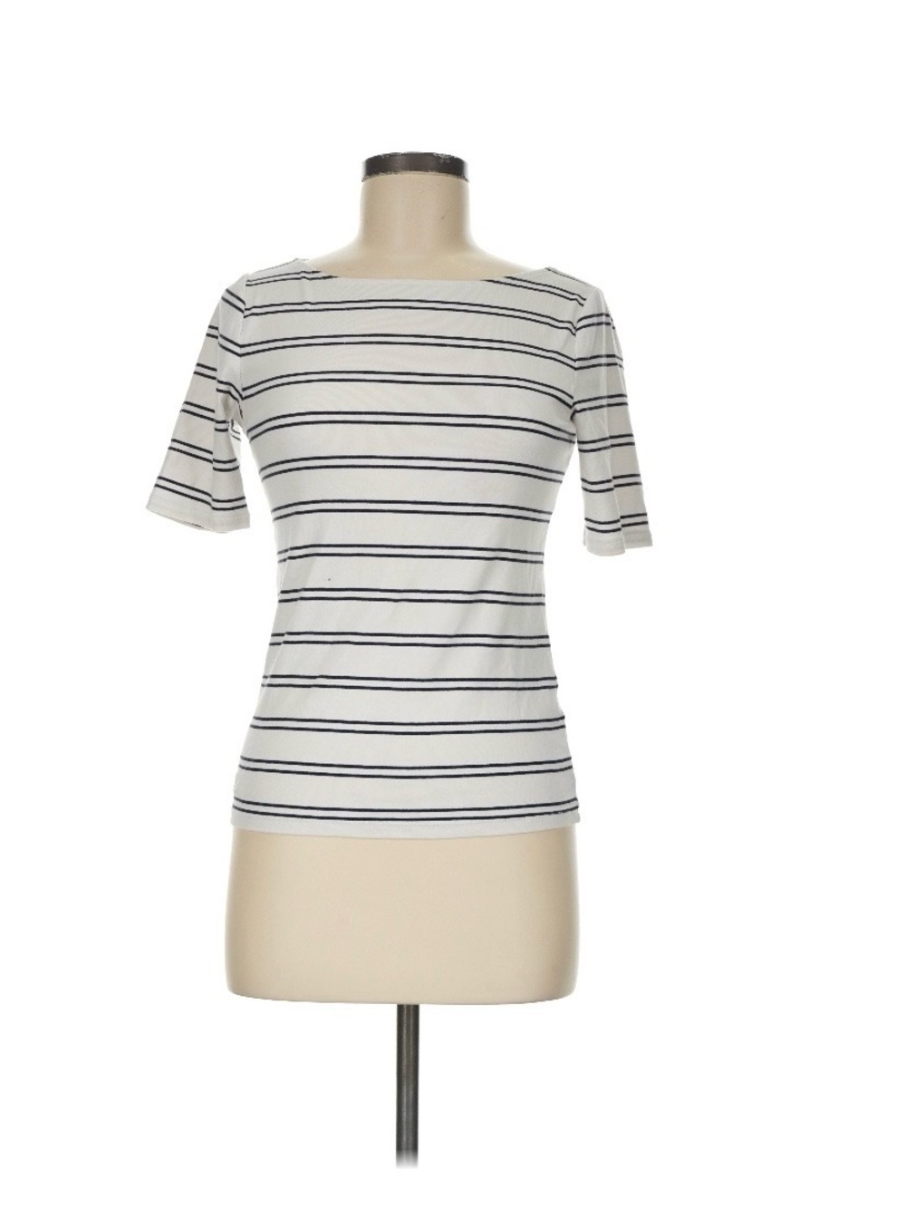Lauren Ralph Lauren White Short-Sleeve Boatneck Top with Navy Stripes
